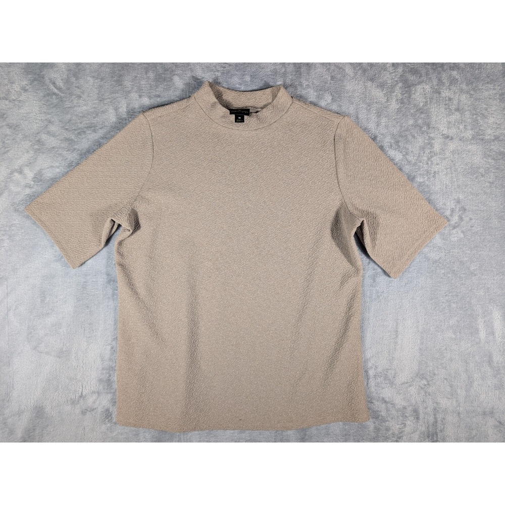Worthington Womens Taupe Tan Textured Mock Neck Short Sleeve Blouse Size Medium